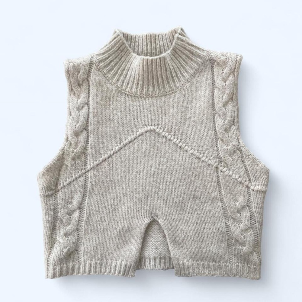 Mock neck cream cable knit vest top front cut out by Le Lis size M